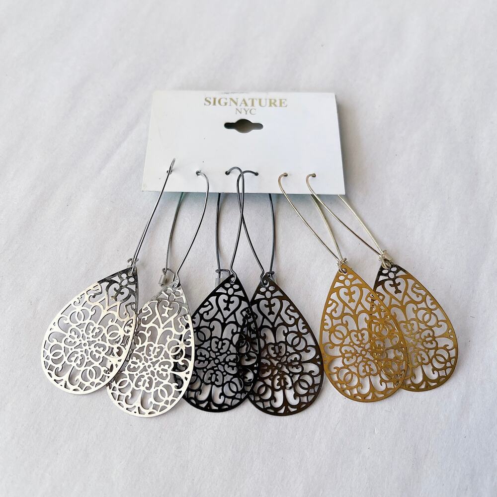 Signature NYC Metal Filigree Dangle Earrings Set